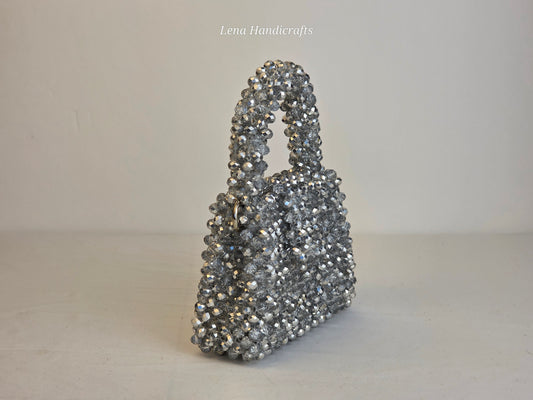 Mini Glass Bead Woven Handbag - Silver
