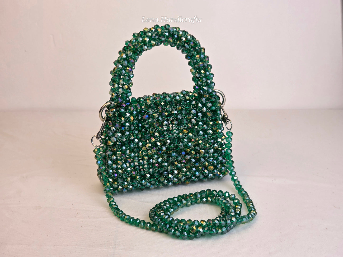 Mini Glass Bead Woven Handbag - Emerald Green