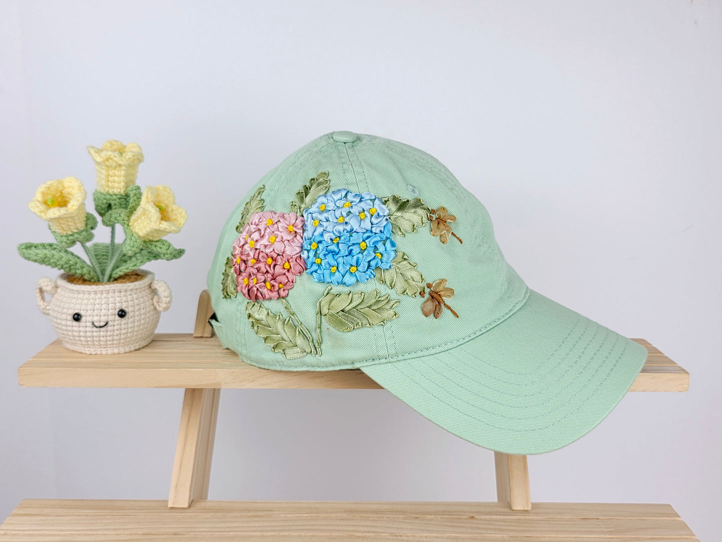 Ribbon-Embroidery Hat - Hydrangea Dragonfly Bloom | Handmade by Lena Handicrafts