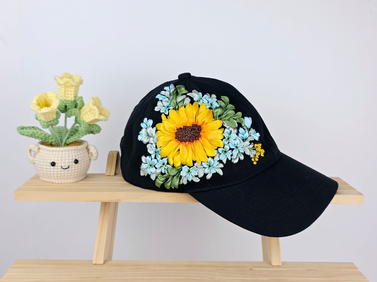 Ribbon-Embroidery Hat - Sunflower Forget-Me-Not Wreath | Handmade by Lena Handicrafts