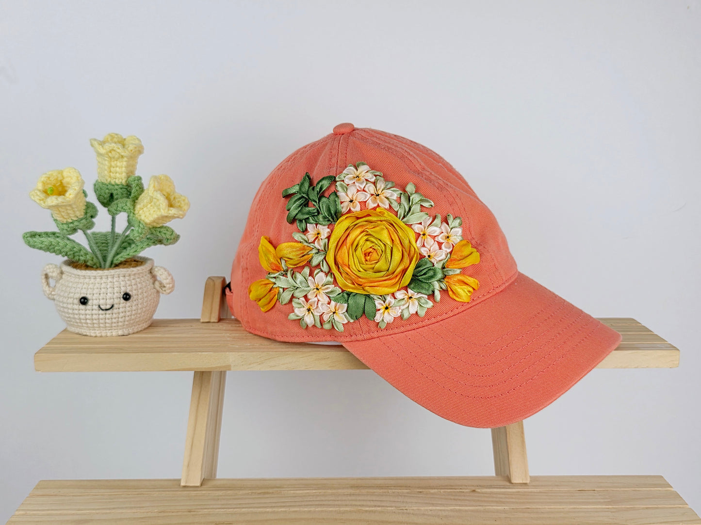 Ribbon-Embroidery Hat - Amber Ranunculus Bloom | Handmade by Lena Handicrafts