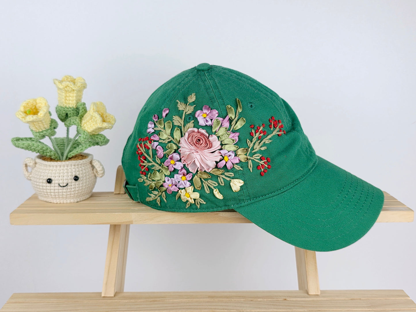 Ribbon-Embroidery Hat - Blush Rose Garden Bouquet | Handmade by Lena Handicrafts