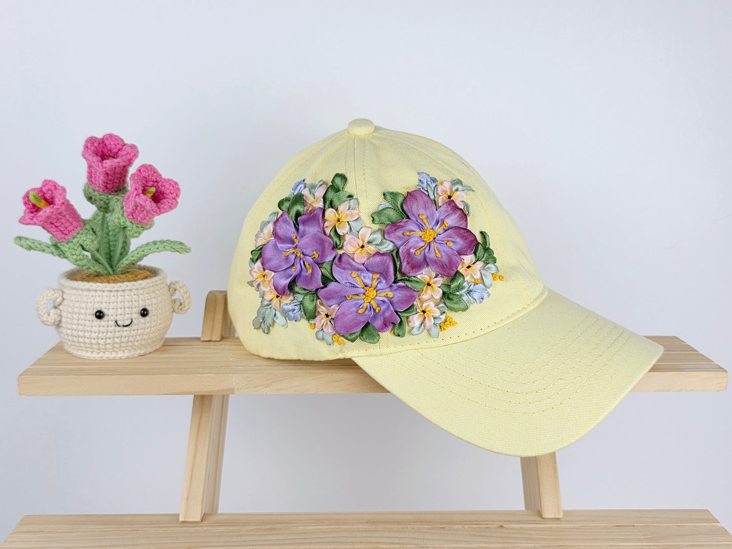 Ribbon-Embroidery Hat - Violet Pansy Bouquet | Handmade by Lena Handicrafts