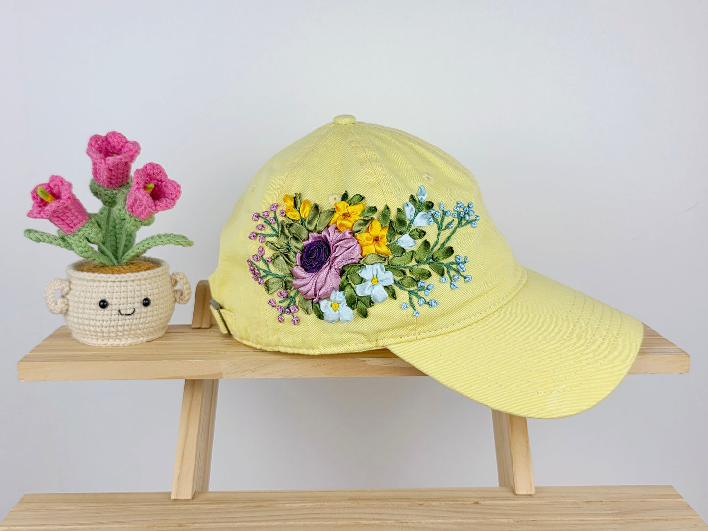 Ribbon-Embroidery Hat - Citrine Wildflower Bouquet | Handmade by Lena Handicrafts