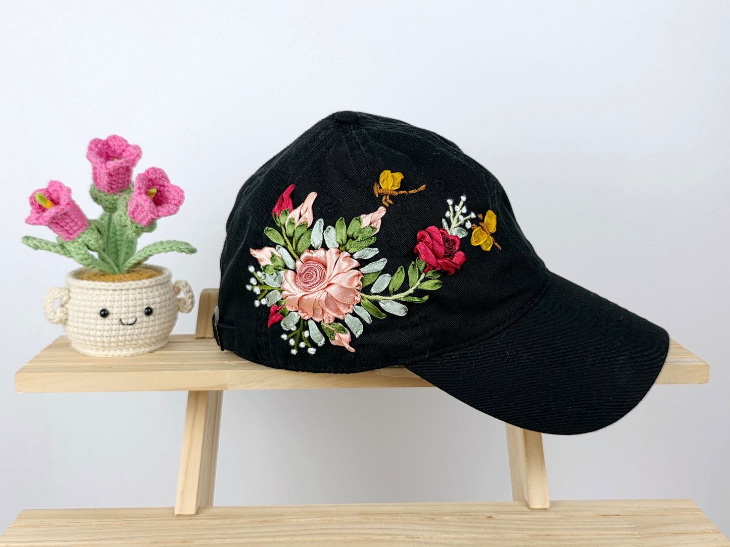 Ribbon-Embroidery Hat - Blush Rose Garland | Handmade by Lena Handicrafts