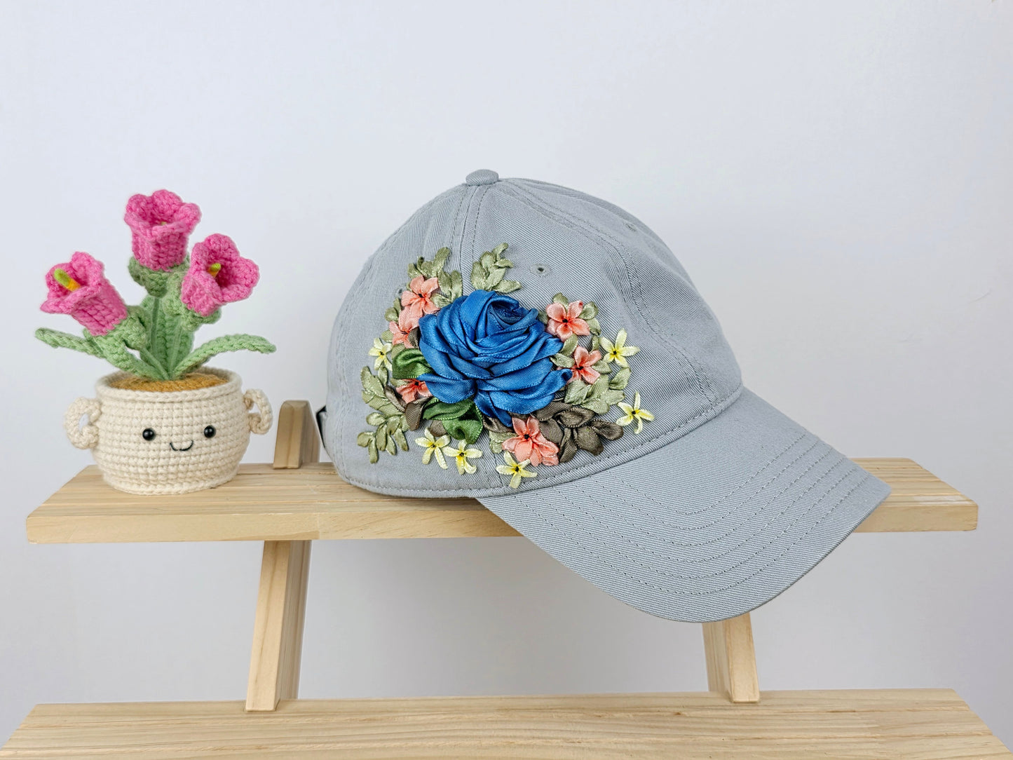 Ribbon-Embroidery Hat - Cobalt Rose Garden | Handmade by Lena Handicrafts