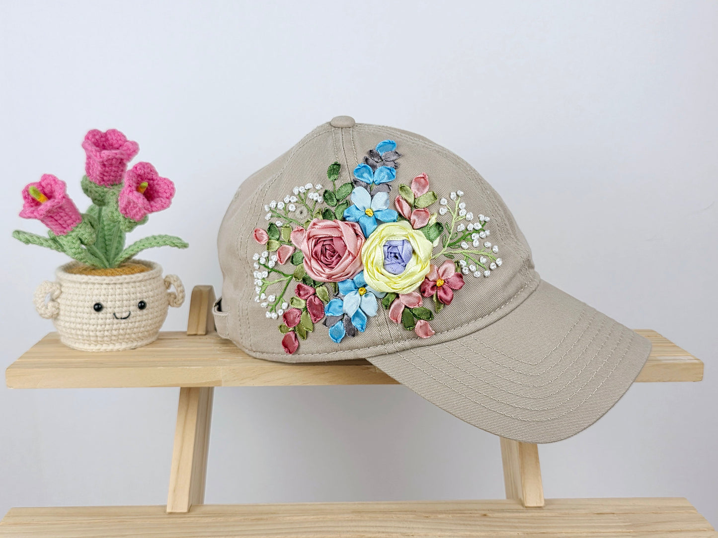 Ribbon-Embroidery Hat - Pastel Bouquet Bloom | Handmade by Lena Handicrafts