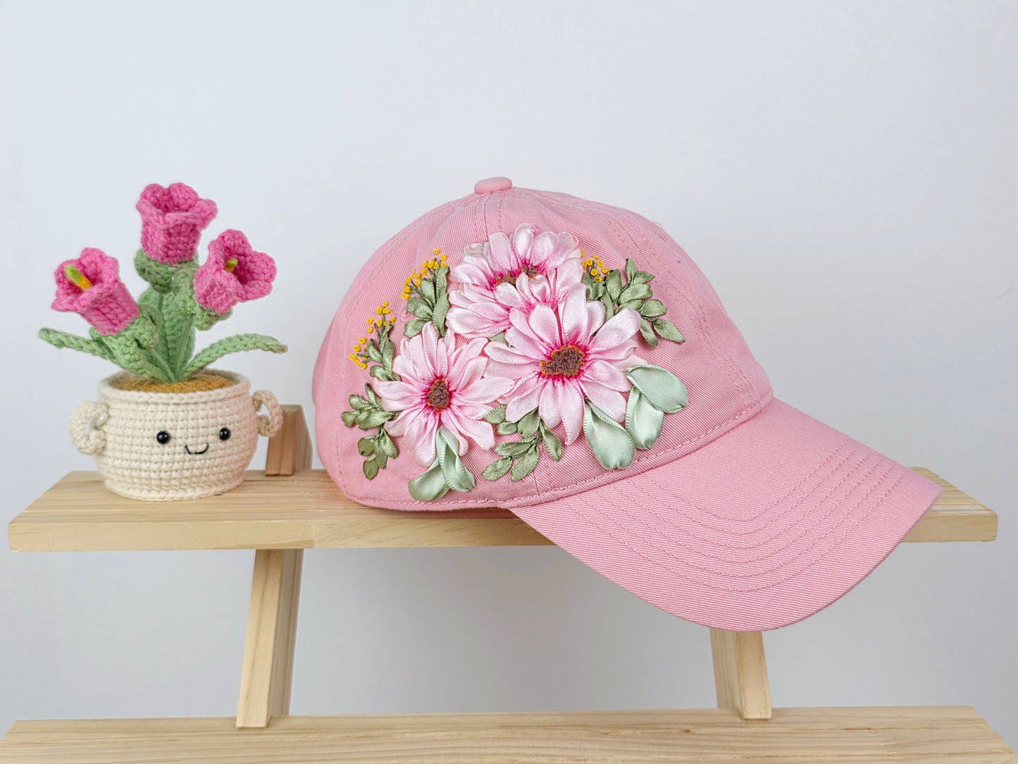 Ribbon-Embroidery Hat - Blush Daisy Bloom | Handmade by Lena Handicrafts