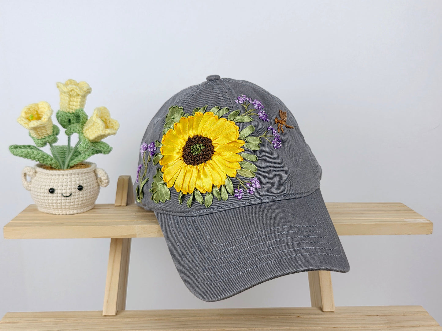 Ribbon-Embroidery Hat - Golden Sunflower Lavender Brim | Handmade by Lena Handicrafts