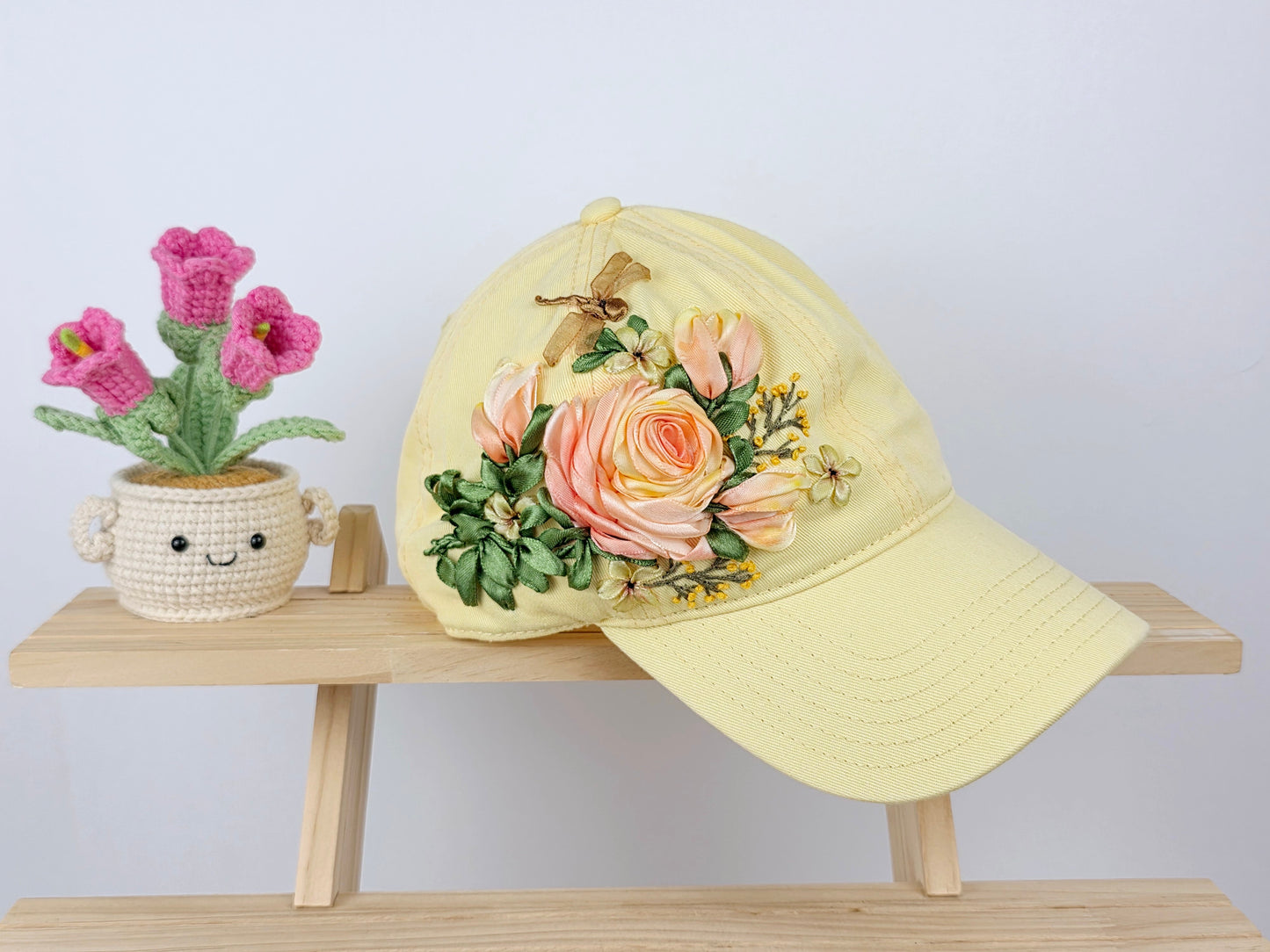 Ribbon-Embroidery Hat - Peach Rose Dragonfly | Handmade by Lena Handicrafts