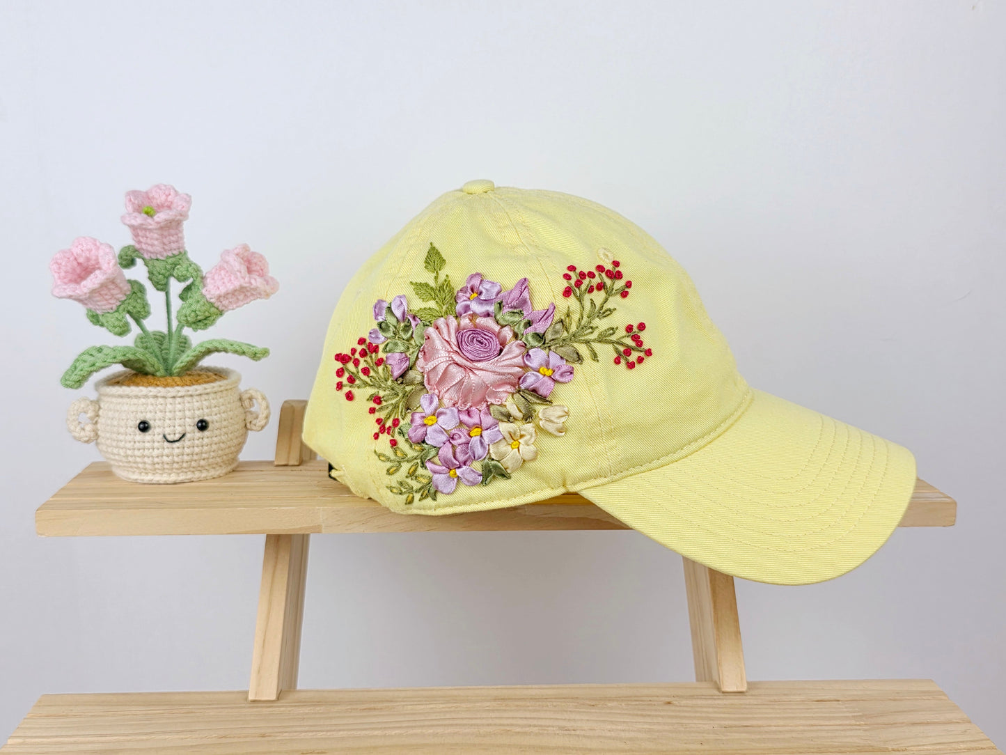 Ribbon-Embroidery Hat - Mauve Rose Bouquet | Handmade by Lena Handicrafts