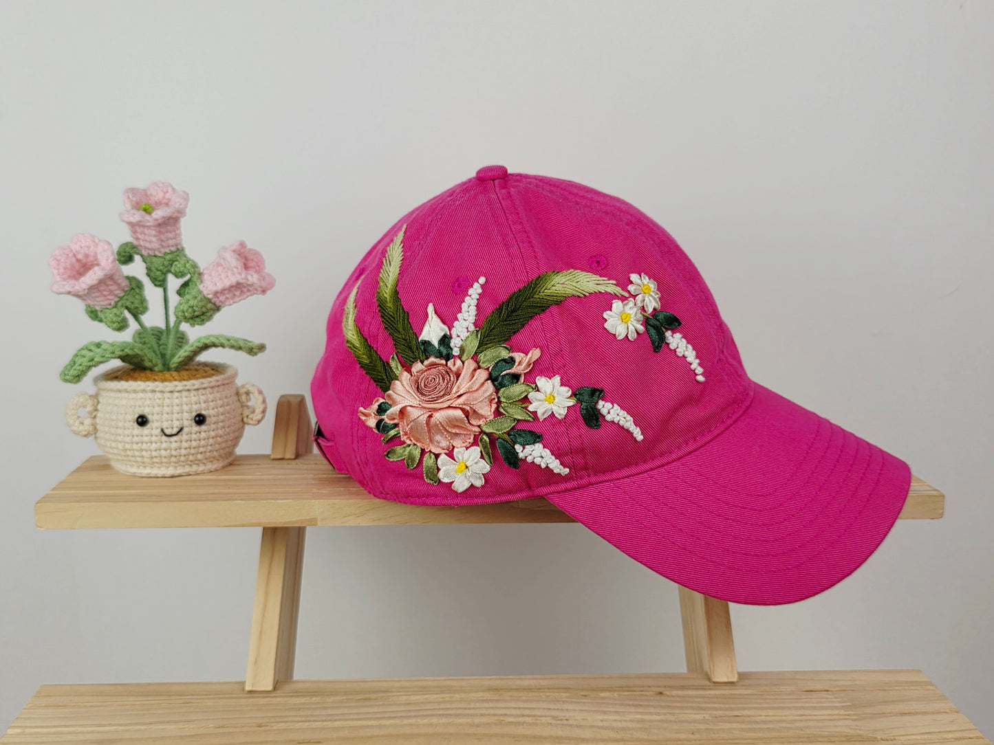 Ribbon-Embroidery Hat - Fuchsia Rose Bouquet | Handmade by Lena Handicrafts