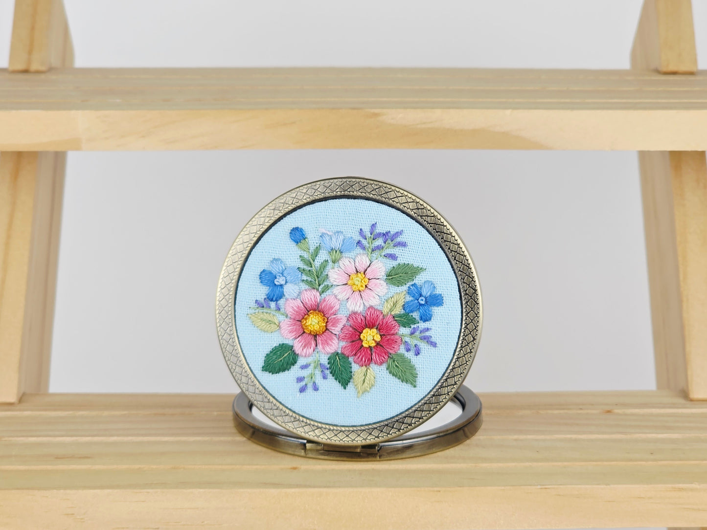 Motif Compact Mirror - Sky Blue Floral Bouquet | Handmade by Lena Handicrafts