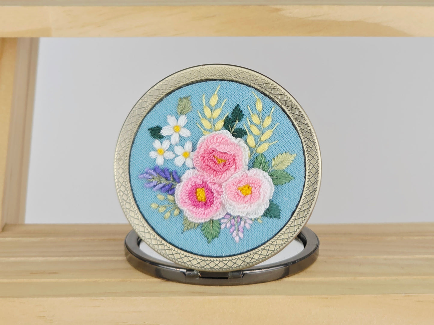 Motif Compact Mirror - Sky Blue Peony Bouquet | Handmade by Lena Handicrafts