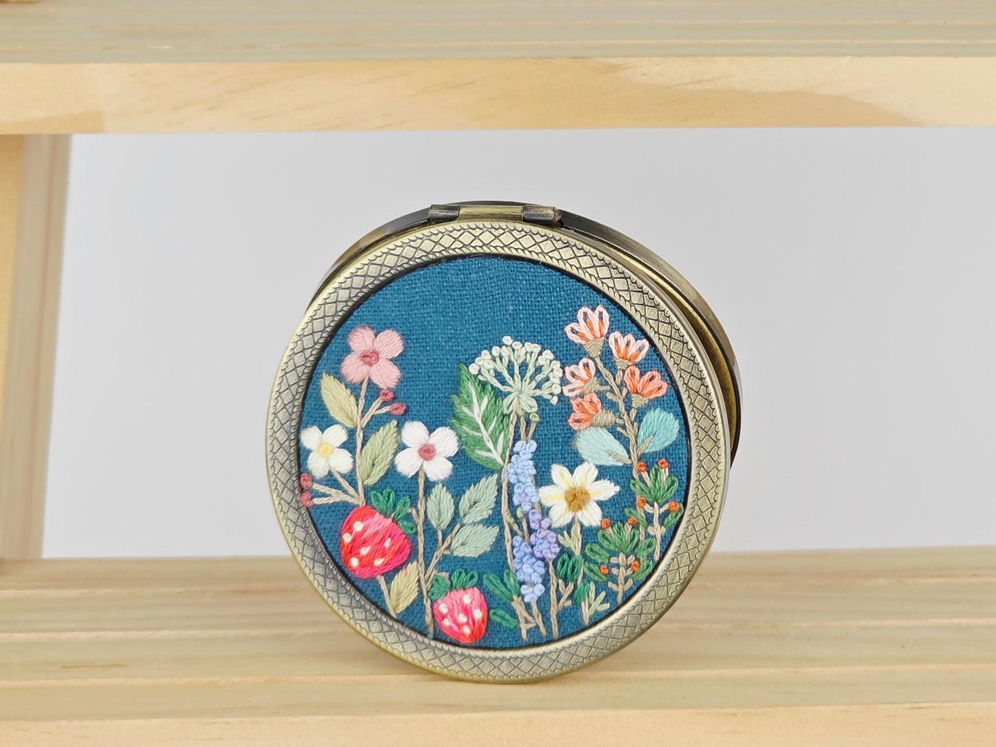 Motif Compact Mirror - Teal Strawberry Meadow | Handmade by Lena Handicrafts