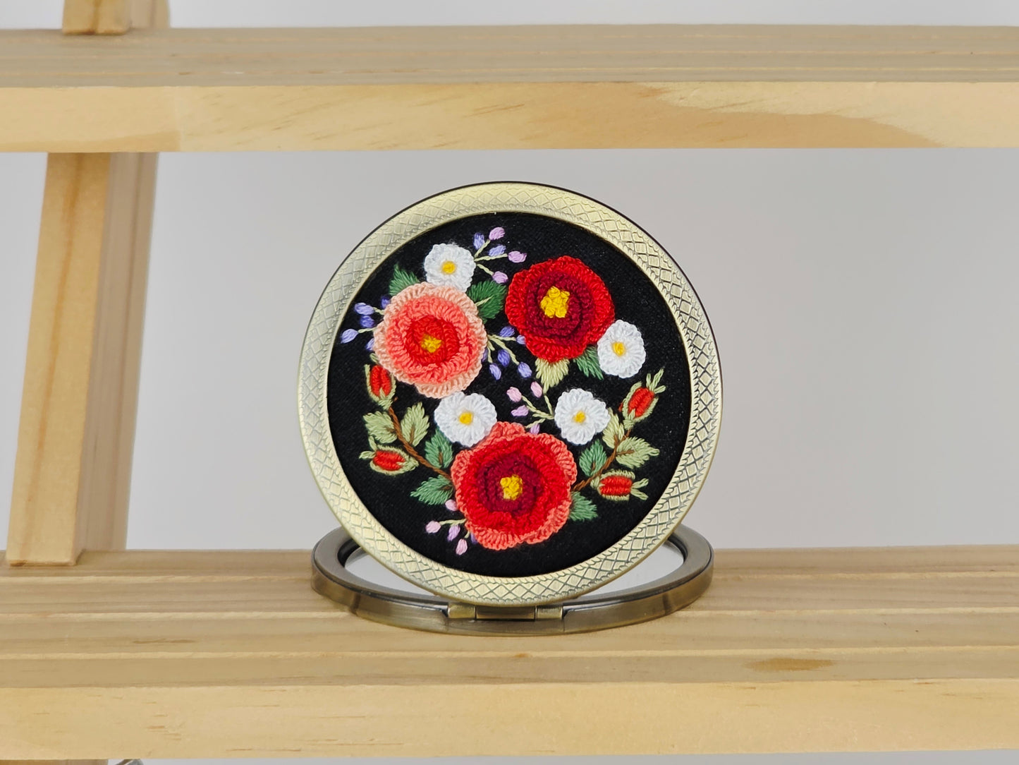 Motif Compact Mirror - Crimson Camellia Bouquet | Handmade by Lena Handicrafts
