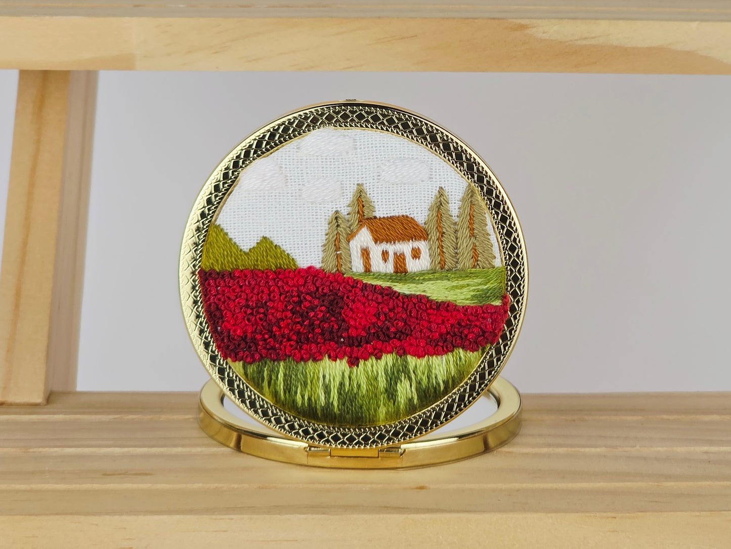 Artisan Compact Mirror - Crimson Poppy Fields | Handmade by Lena Handicrafts