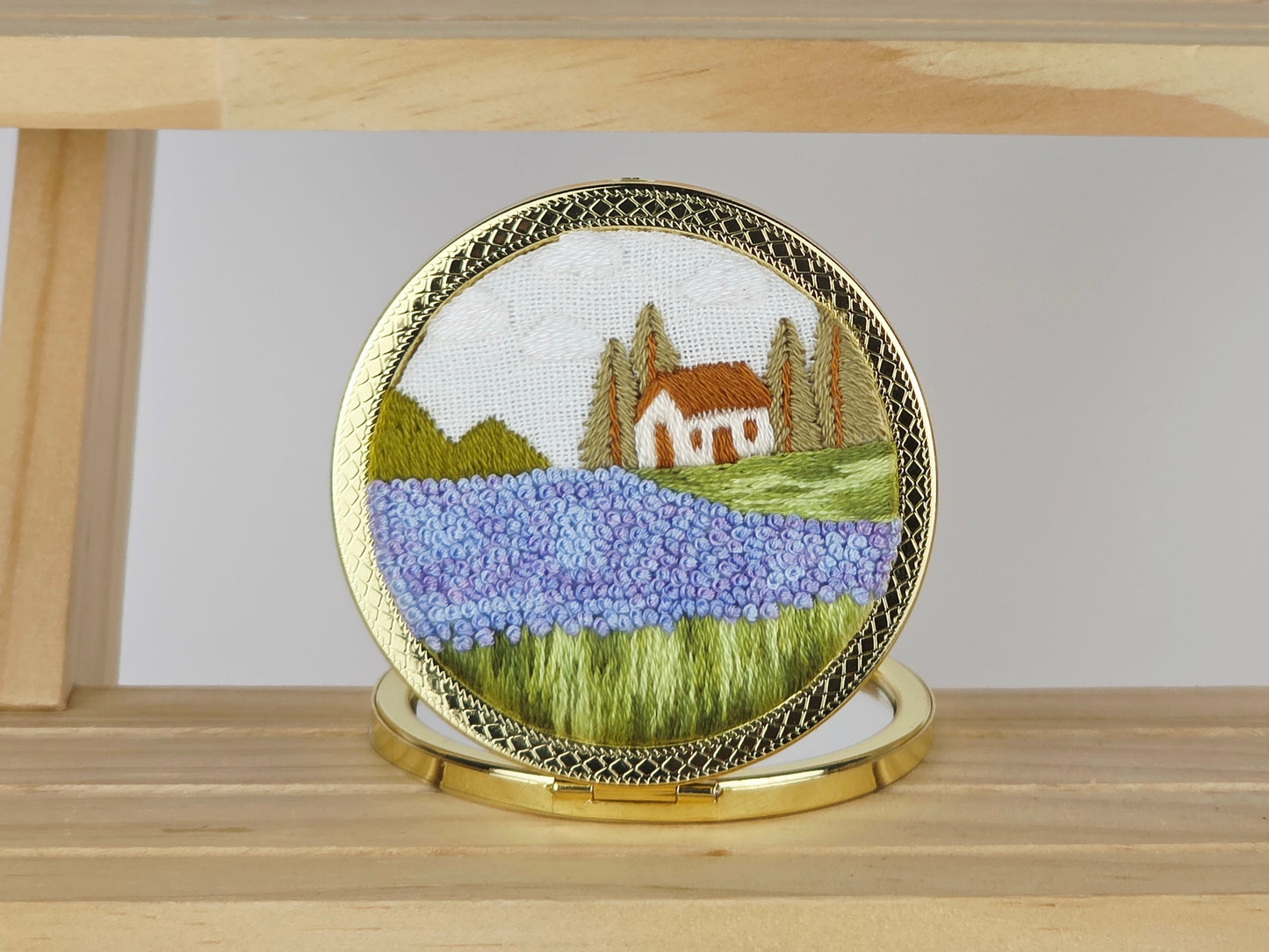 Artisan Compact Mirror - Lavender Cottage Fields | Handmade by Lena Handicrafts