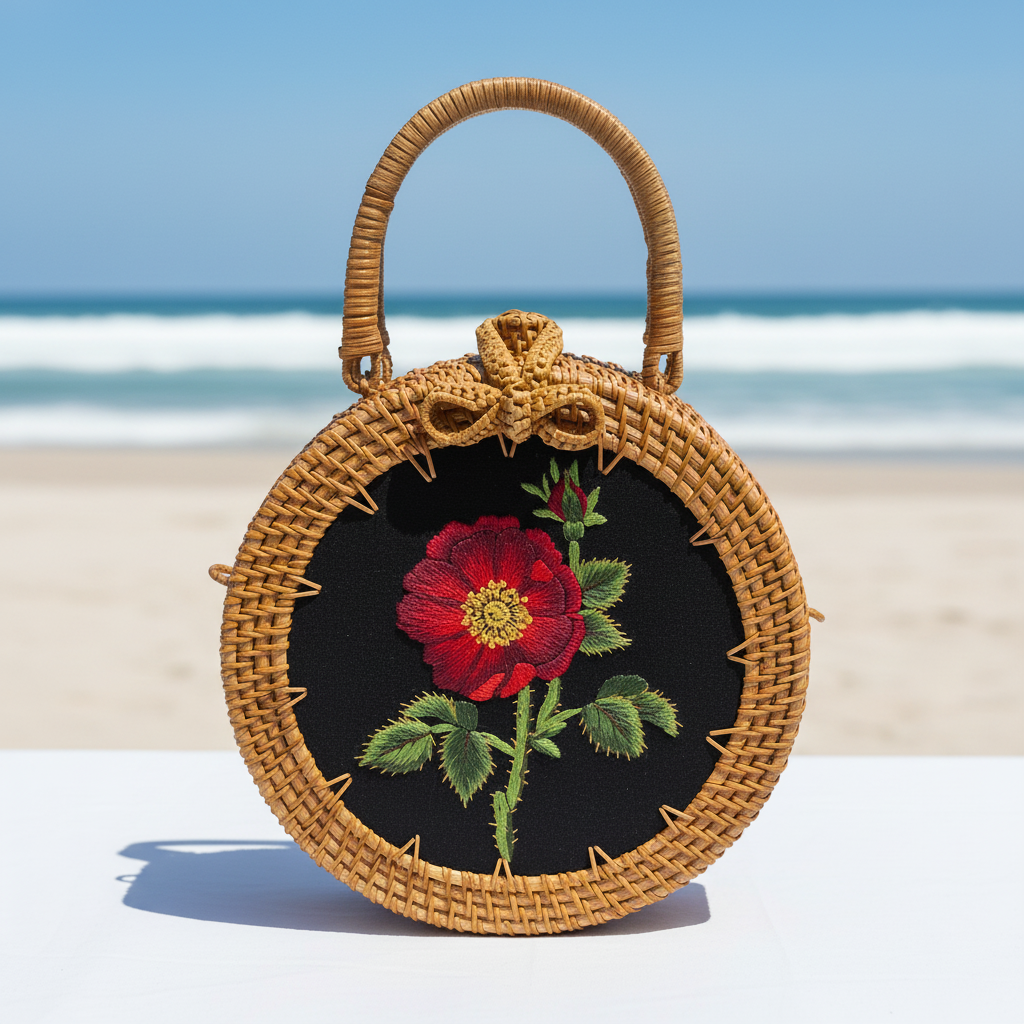Circle Rattan Purse - French Rose - Beach 1