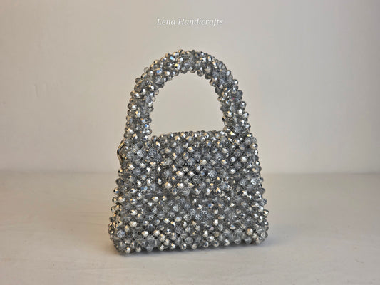 Mini Glass Bead Woven Handbag - Silver