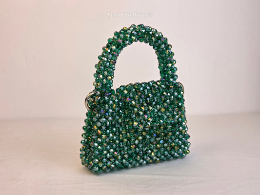 Mini Glass Bead Woven Handbag - Emerald Green