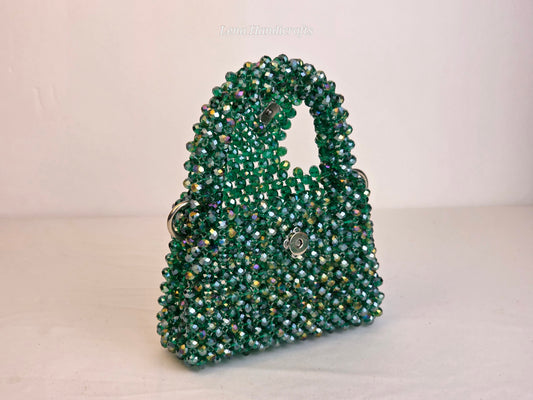 Mini Glass Bead Woven Handbag - Emerald Green