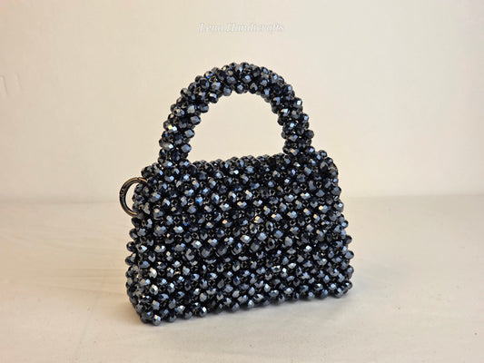 Mini Glass Bead Woven Handbag - Noir Black