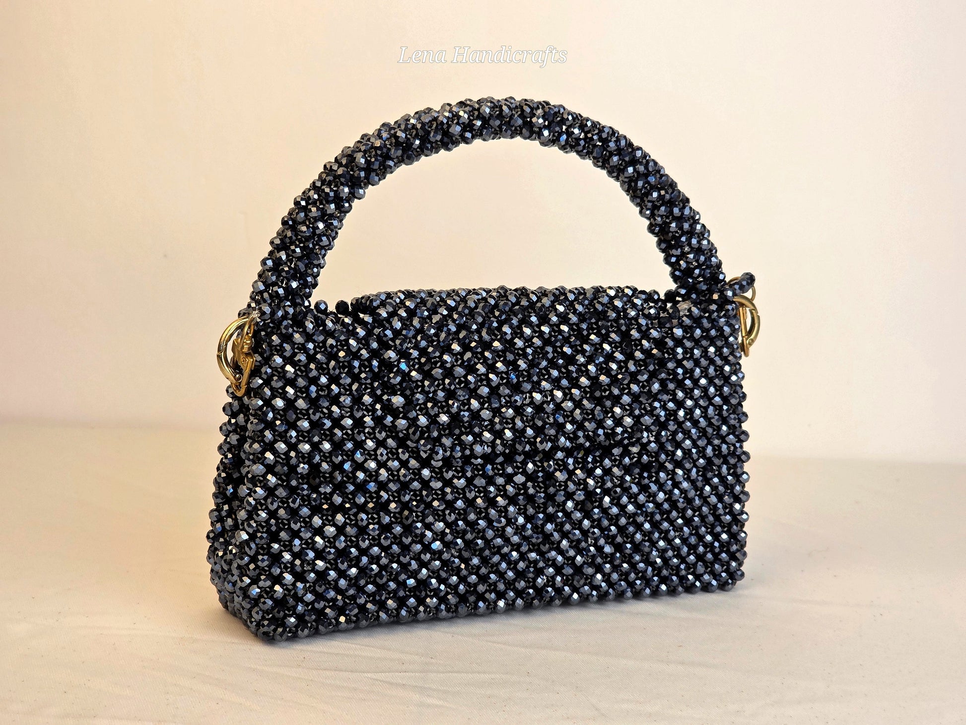 Grande Glass Bead Woven Handbag - Midnight Black | Handmade by Lena Handicrafts
