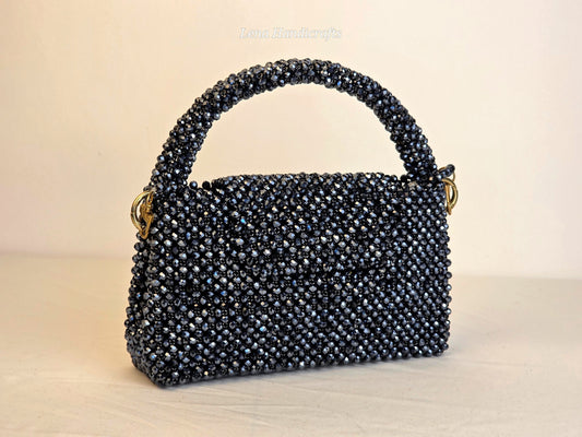 Grande Glass Bead Woven Handbag - Midnight Black | Handmade by Lena Handicrafts