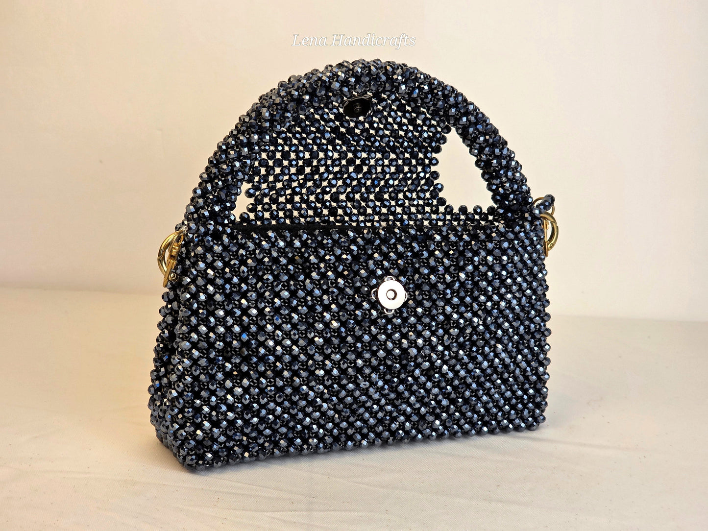 Grande Glass Bead Woven Handbag - Midnight Black | Handmade by Lena Handicrafts