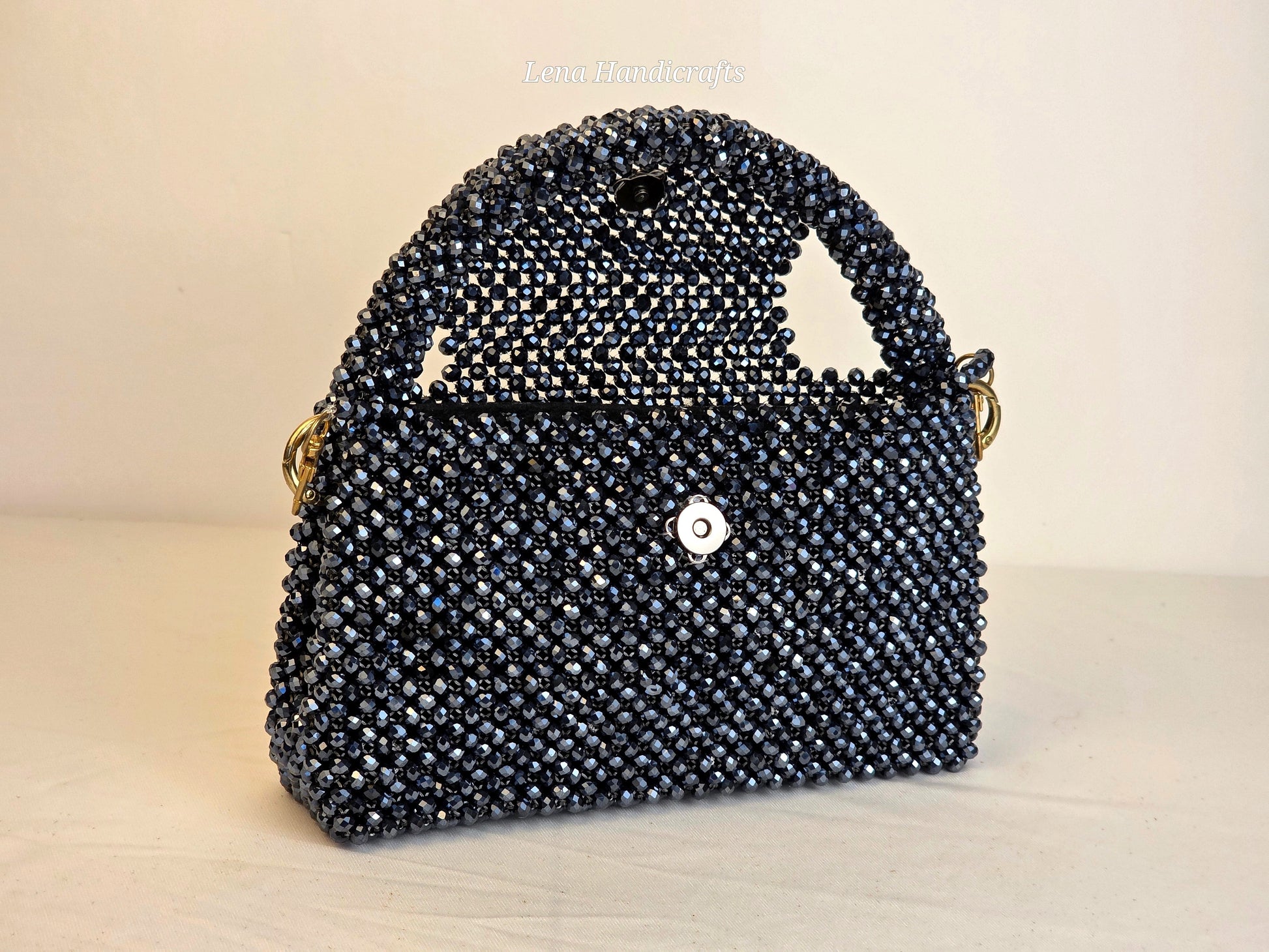 Grande Glass Bead Woven Handbag - Midnight Black | Handmade by Lena Handicrafts