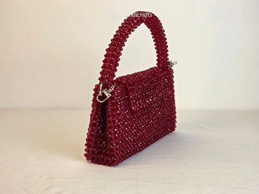 Grande Glass Bead Woven Handbag - Ruby Red | Handmade by Lena Handicrafts