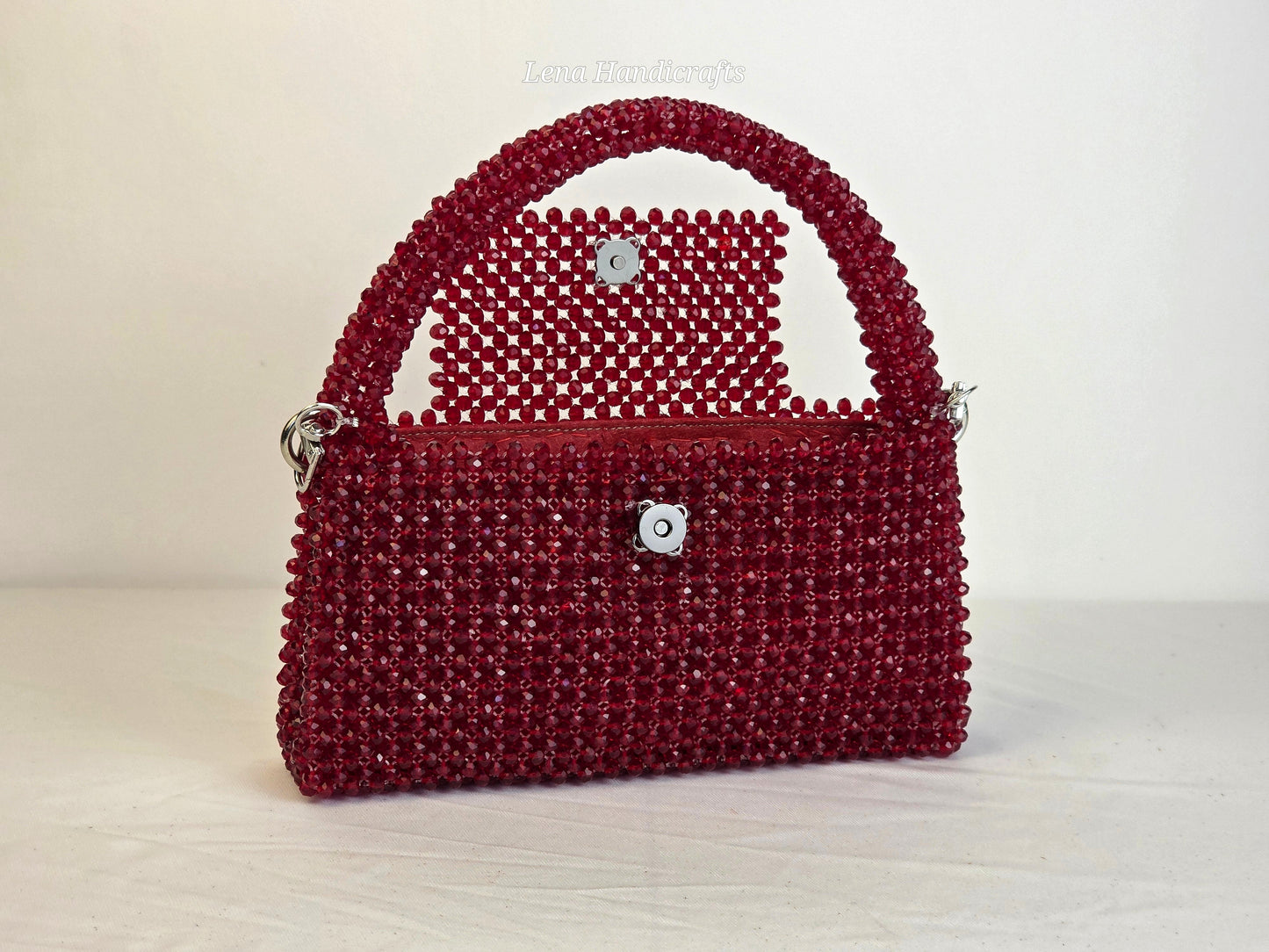 Grande Glass Bead Woven Handbag - Ruby Red | Handmade by Lena Handicrafts