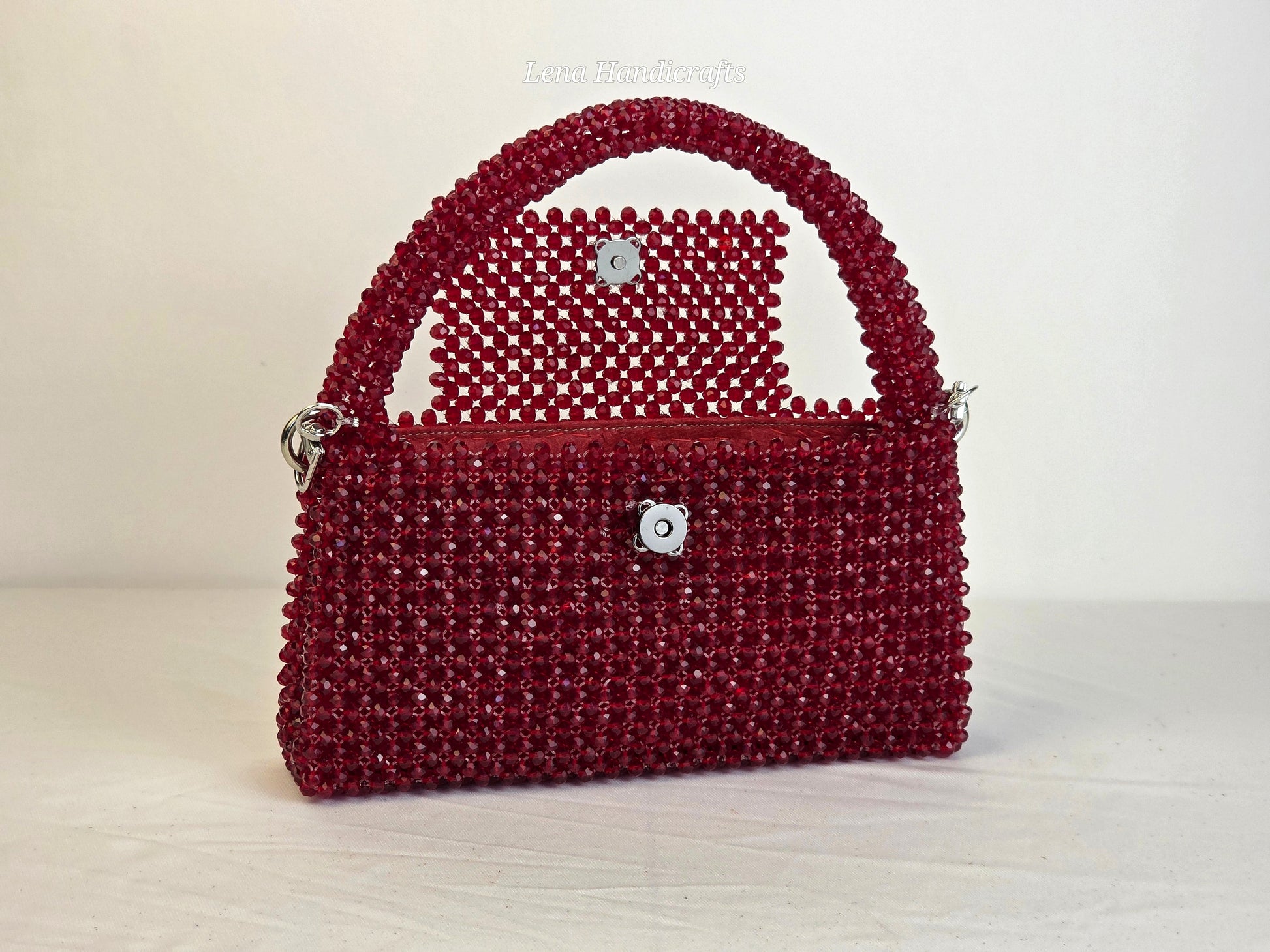 Grande Glass Bead Woven Handbag - Ruby Red | Handmade by Lena Handicrafts