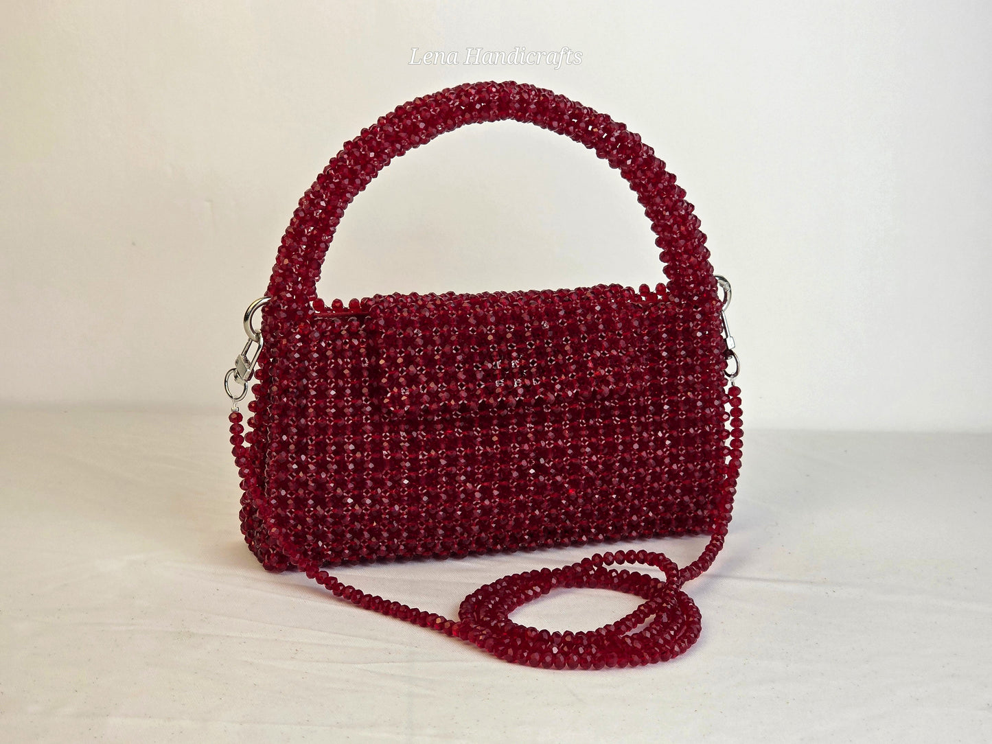 Grande Glass Bead Woven Handbag - Ruby Red | Handmade by Lena Handicrafts