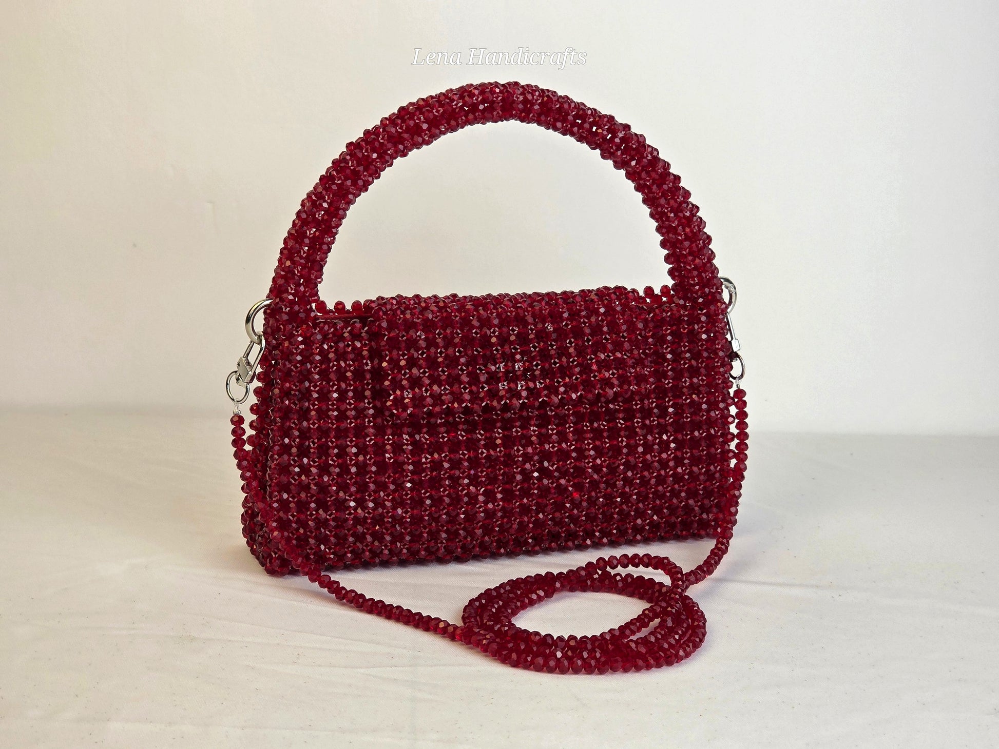 Grande Glass Bead Woven Handbag - Ruby Red | Handmade by Lena Handicrafts