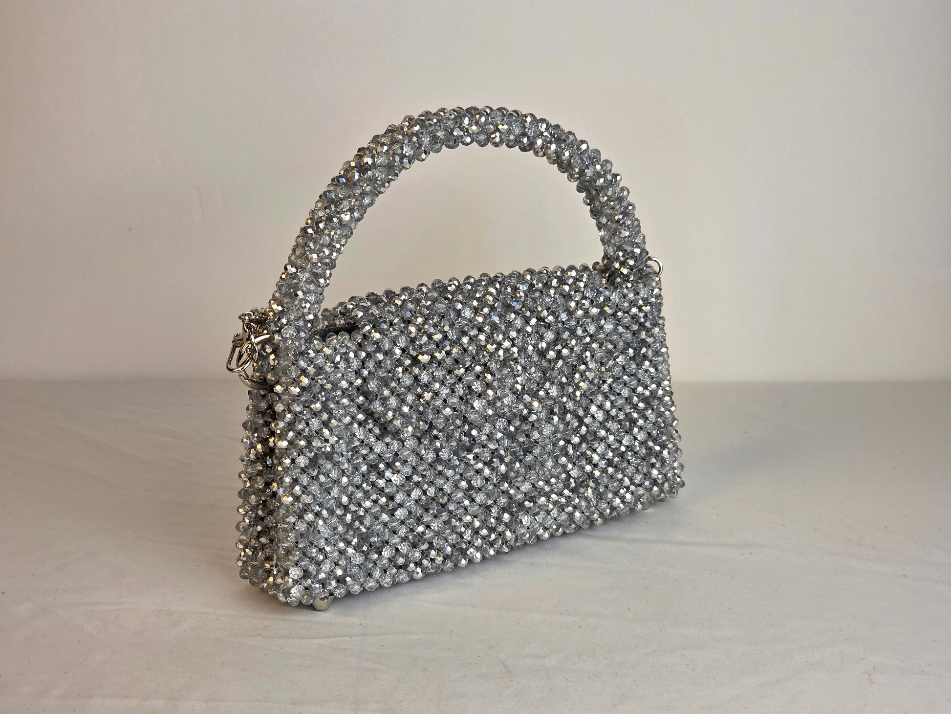 Grande Glass Bead Woven Handbag - Silver | Handmade by Lena Handicrafts