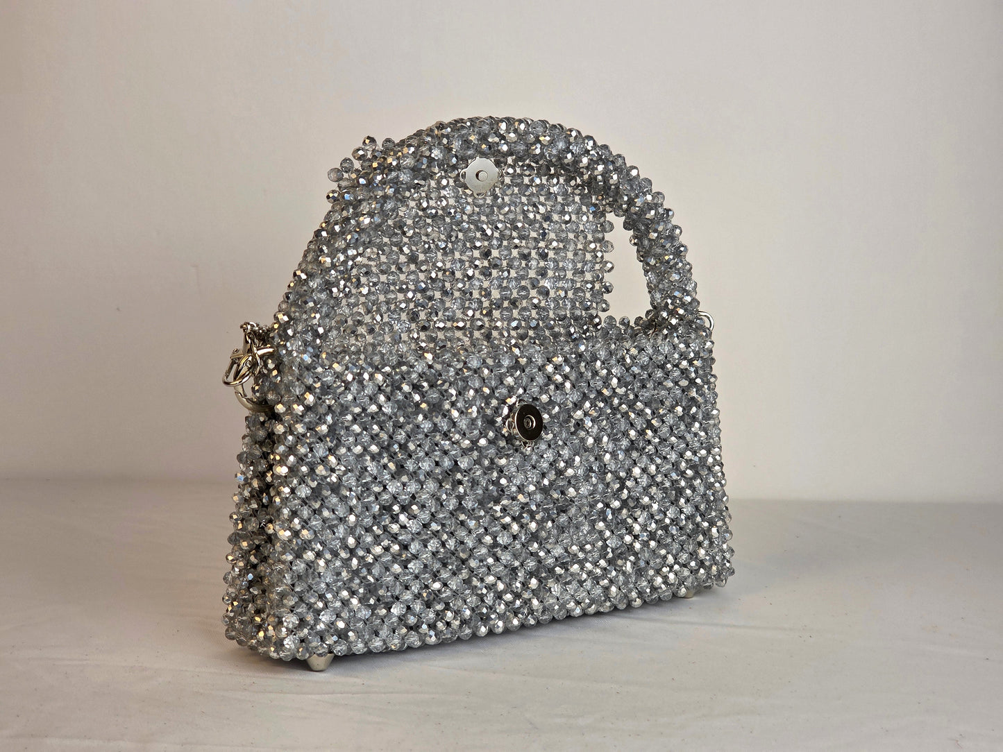 Grande Glass Bead Woven Handbag - Silver | Handmade by Lena Handicrafts
