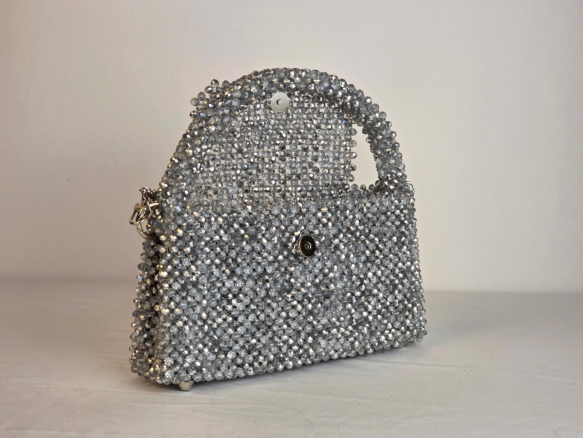 Grande Glass Bead Woven Handbag - Silver | Handmade by Lena Handicrafts