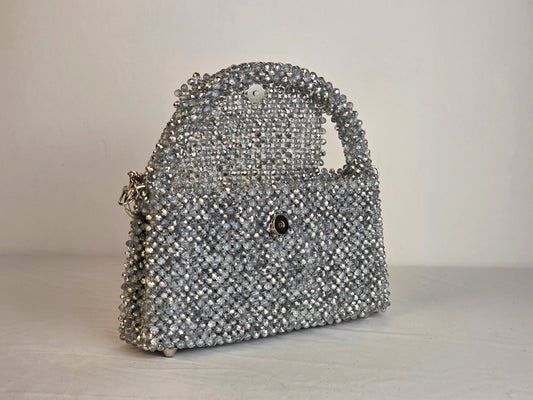 Grande Glass Bead Woven Handbag - Silver | Handmade by Lena Handicrafts