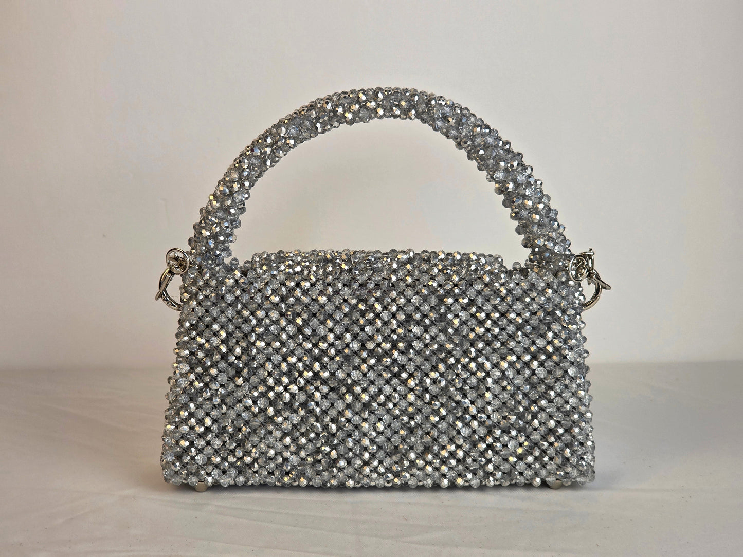 Grande Glass Bead Woven Handbag - Silver | Handmade by Lena Handicrafts