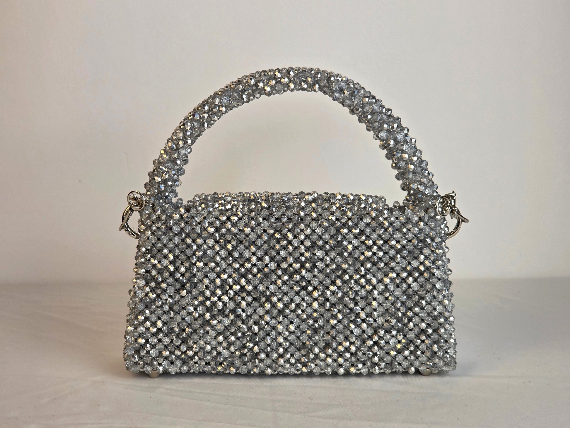 Grande Glass Bead Woven Handbag - Silver | Handmade by Lena Handicrafts