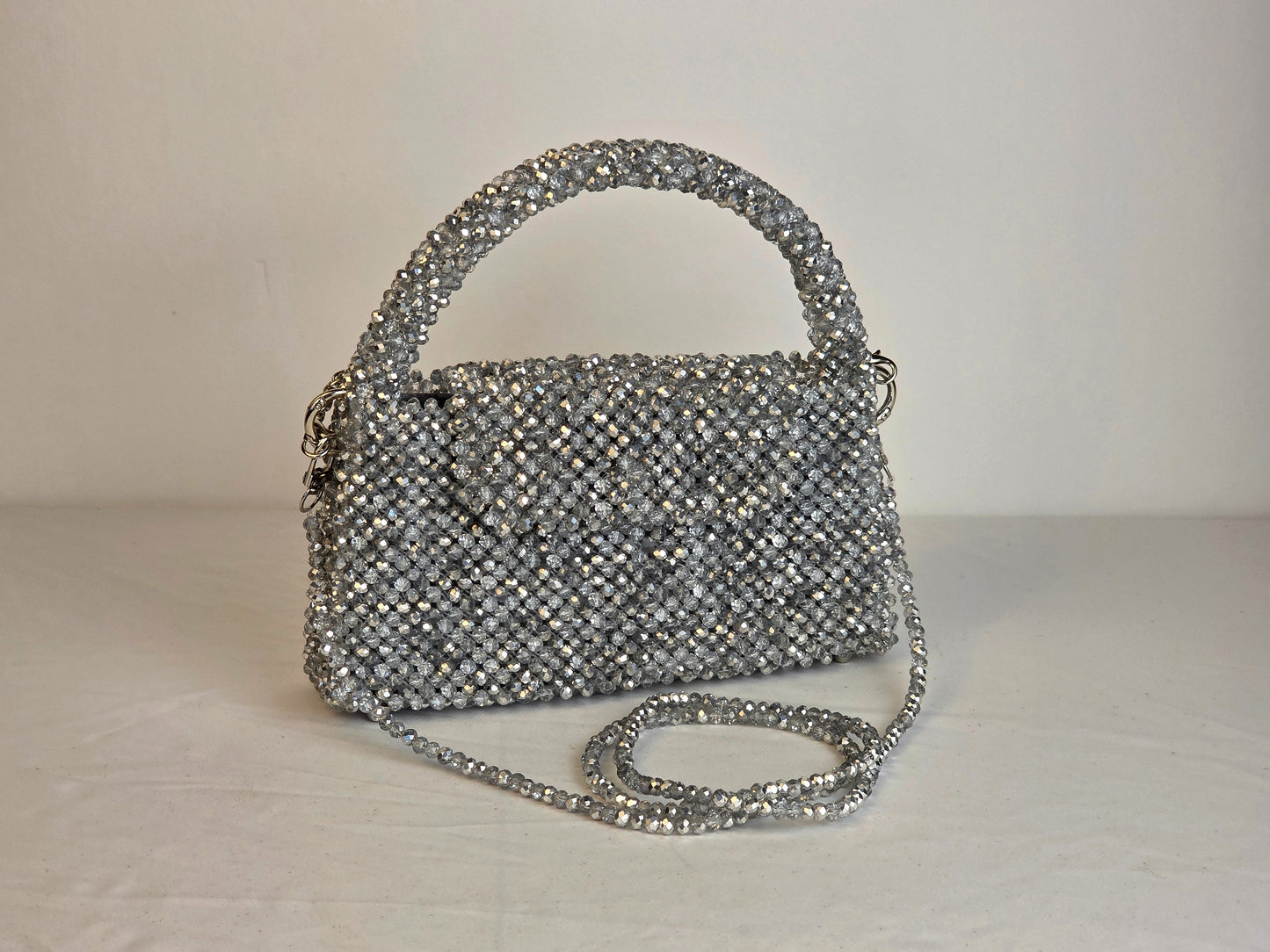 Grande Glass Bead Woven Handbag - Silver | Handmade by Lena Handicrafts