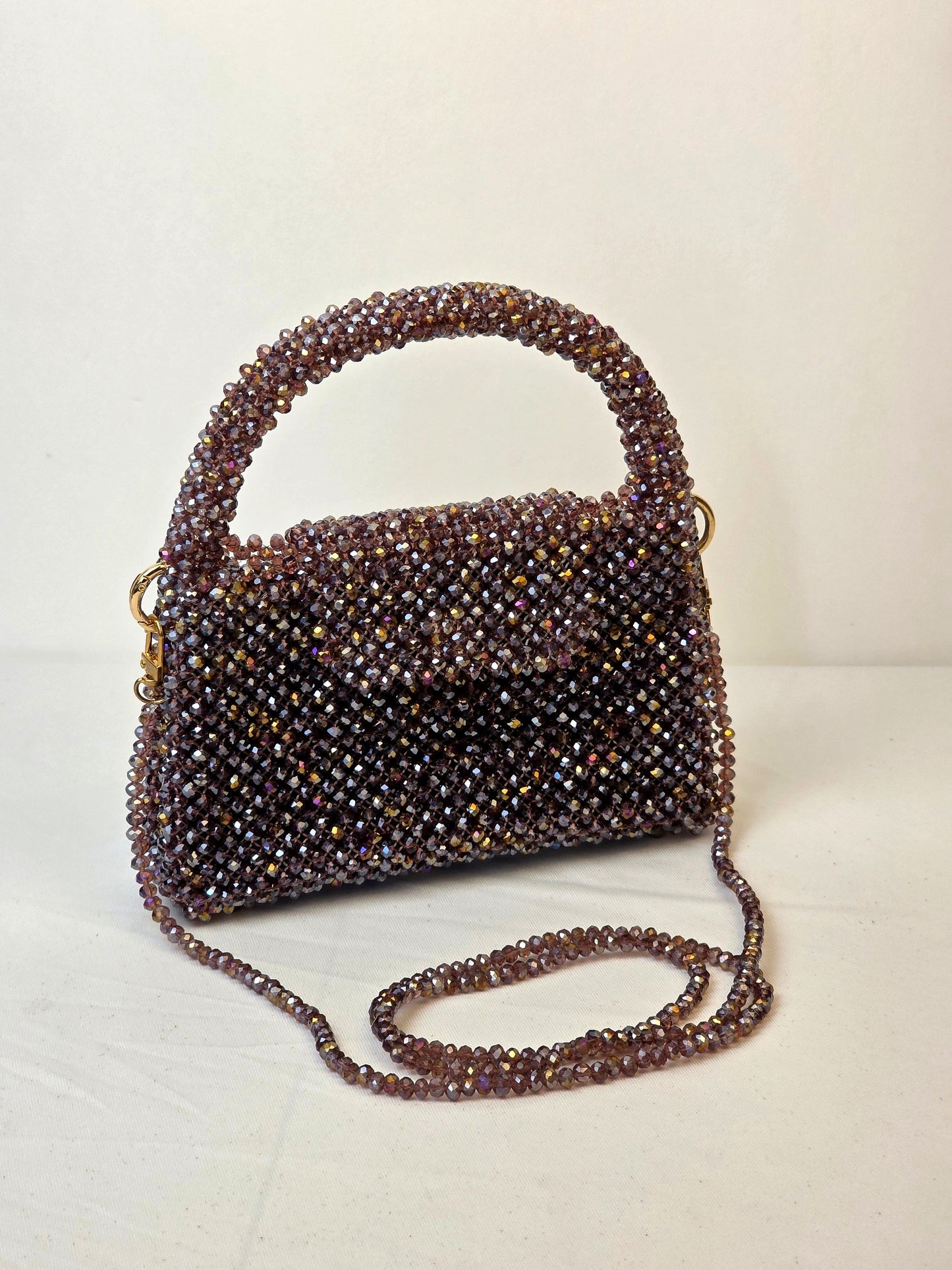 Grande Glass Bead Woven Handbag - Smoky Rose | Handmade by Lena Handicrafts