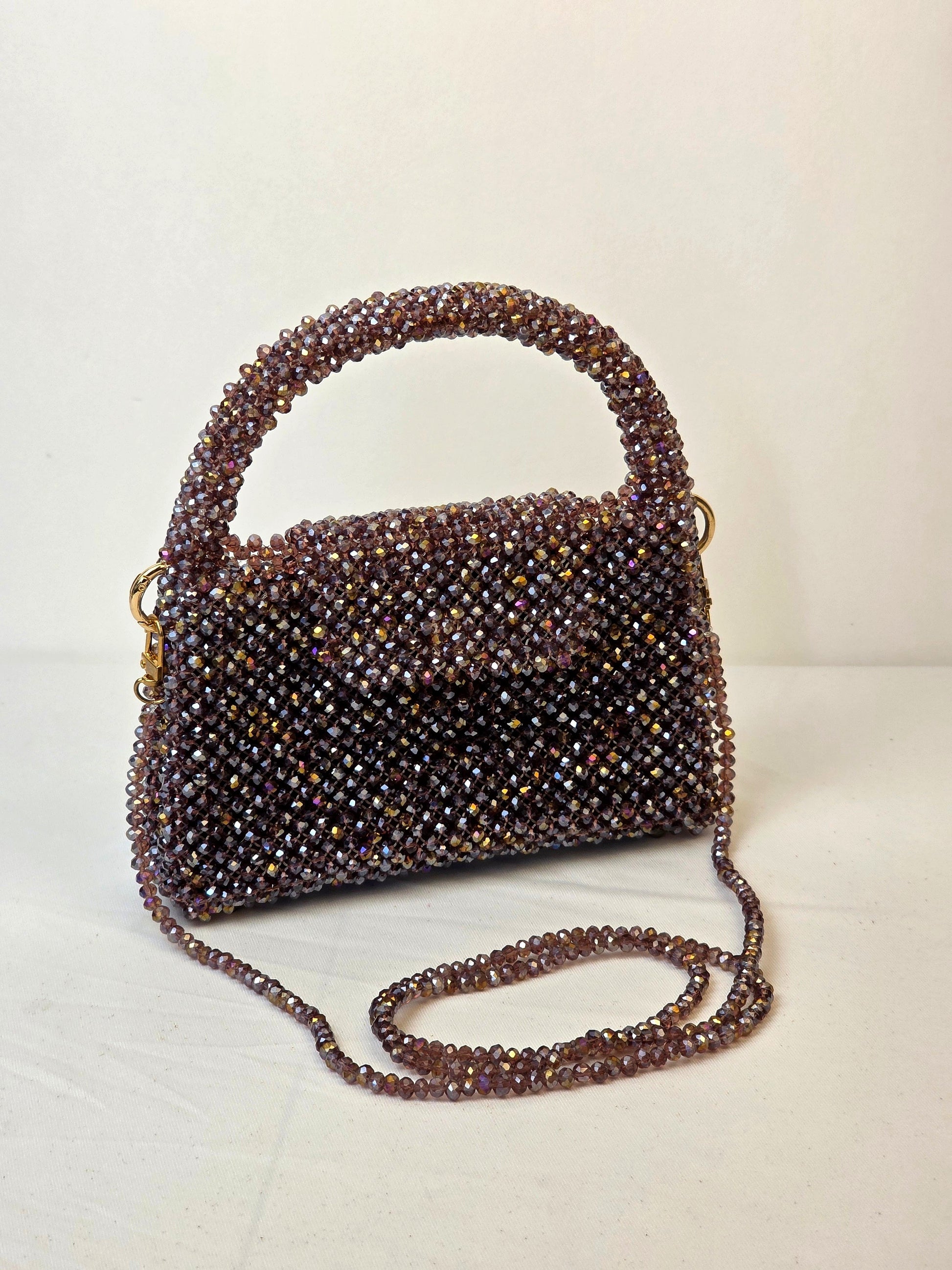 Grande Glass Bead Woven Handbag - Smoky Rose | Handmade by Lena Handicrafts