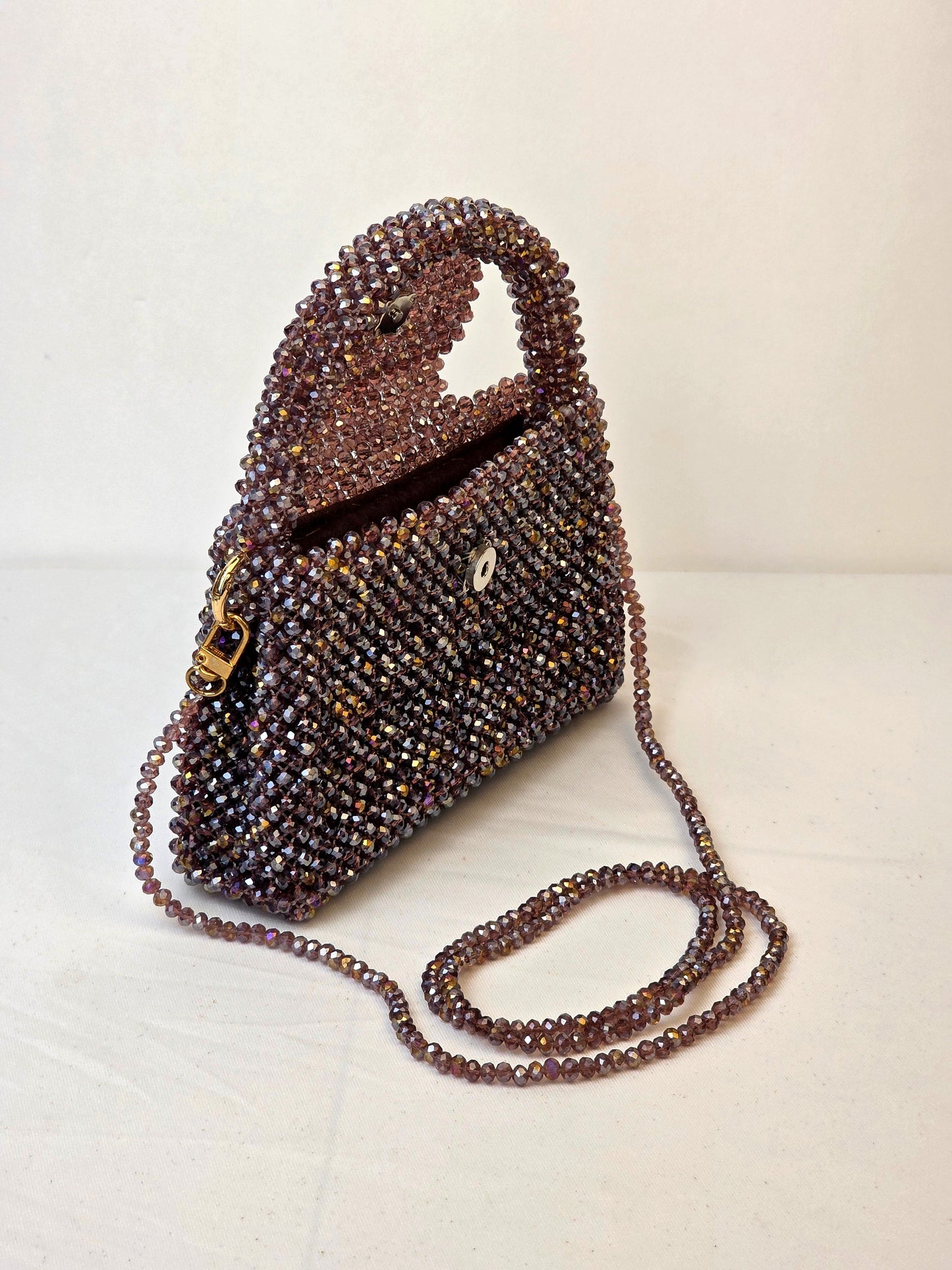 Grande Glass Bead Woven Handbag - Smoky Rose | Handmade by Lena Handicrafts