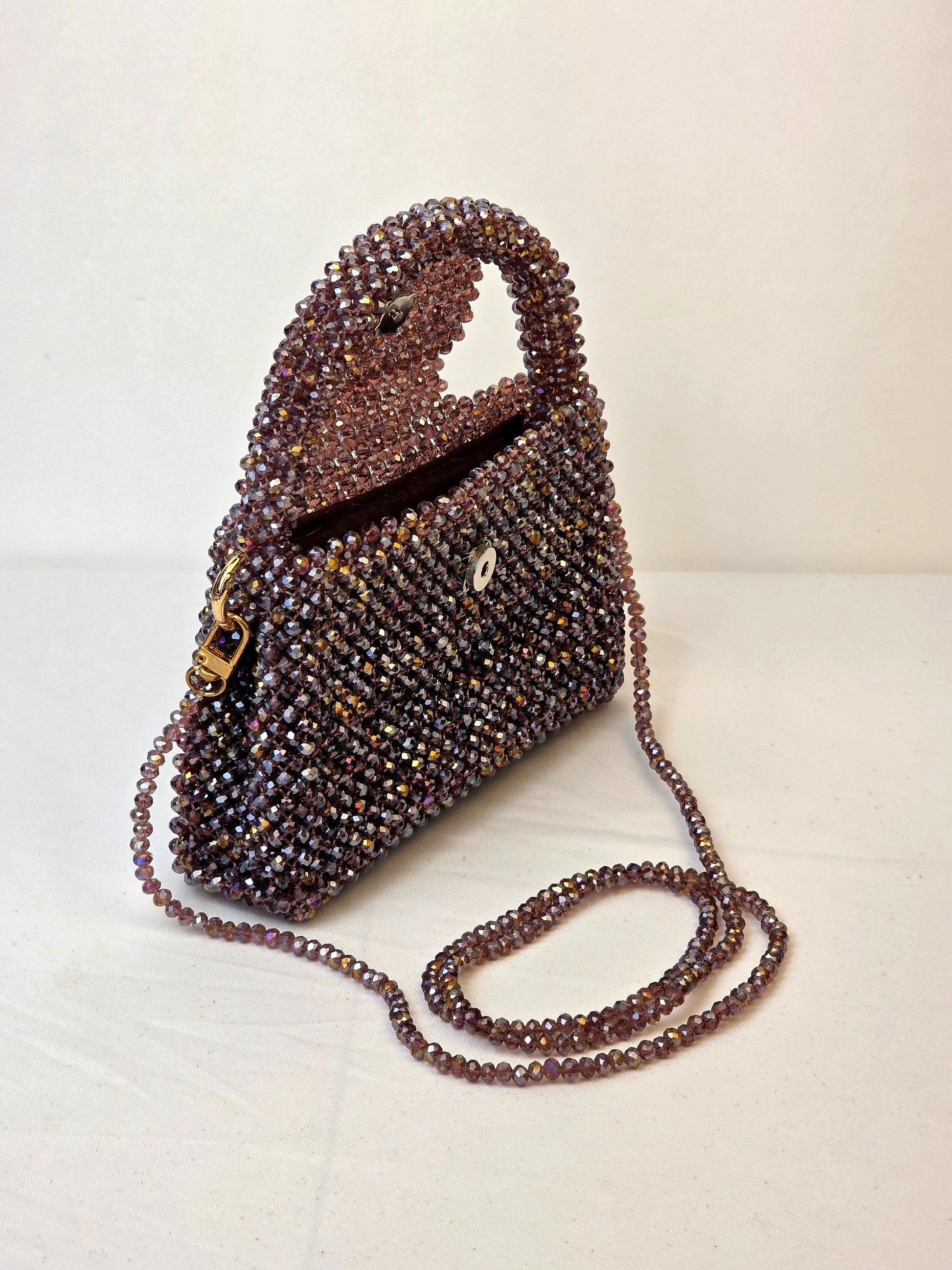 Grande Glass Bead Woven Handbag - Smoky Rose | Handmade by Lena Handicrafts