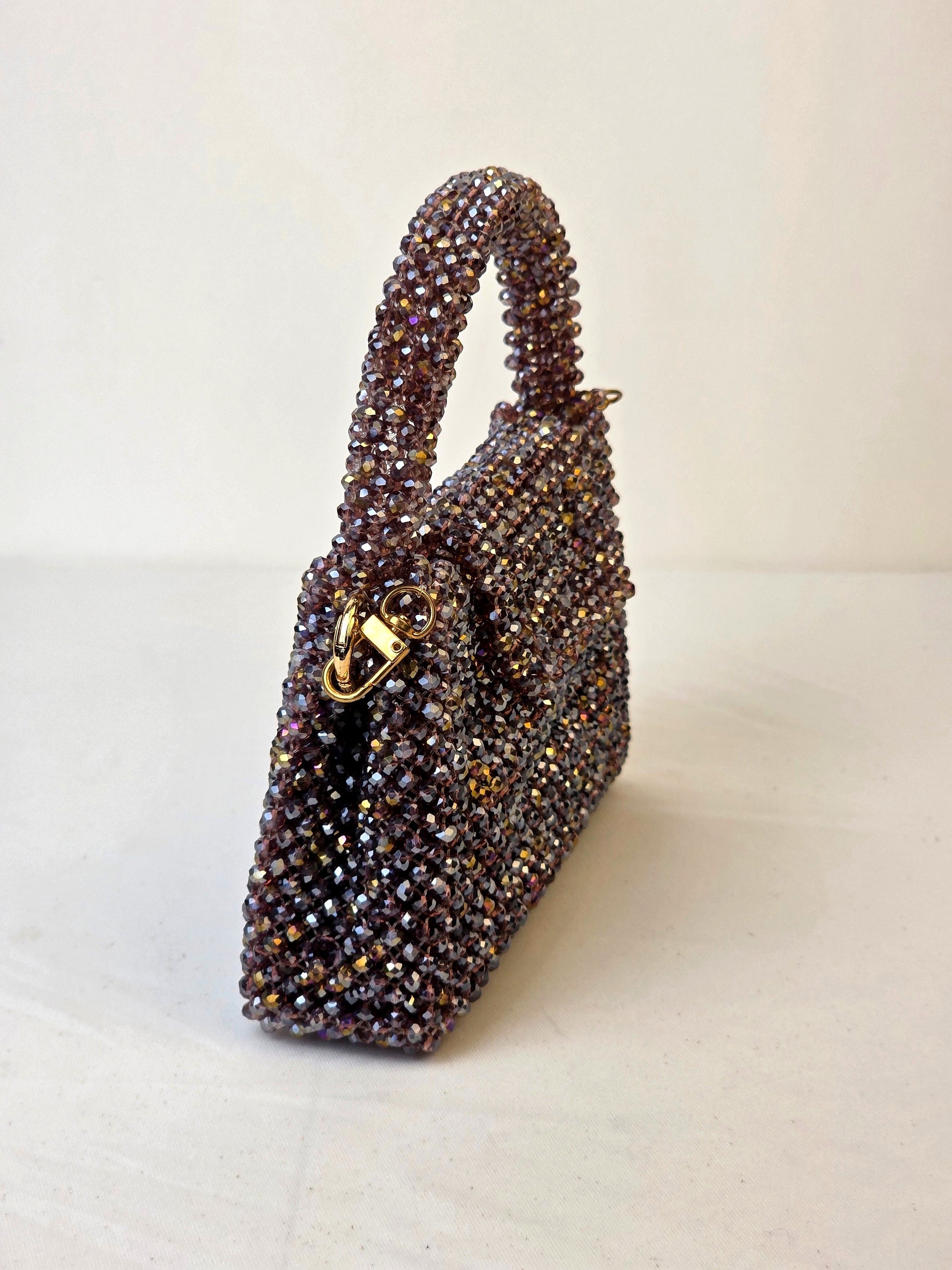 Grande Glass Bead Woven Handbag - Smoky Rose | Handmade by Lena Handicrafts