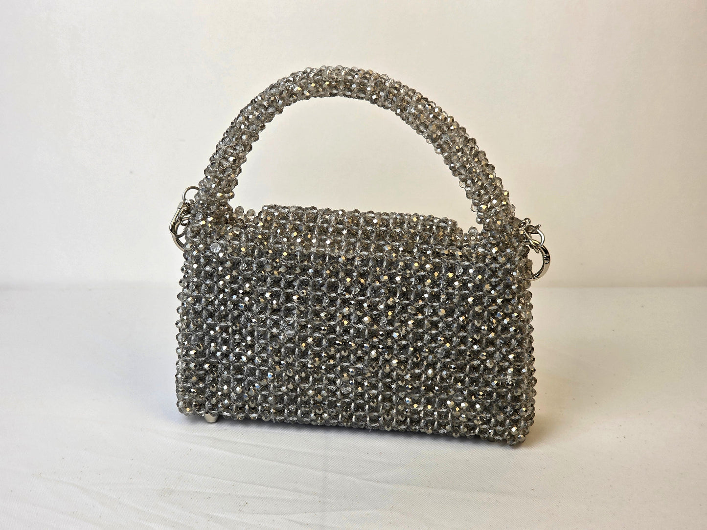 Grande Glass Bead Woven Handbag - Metallic Silver | Handmade by Lena Handicrafts