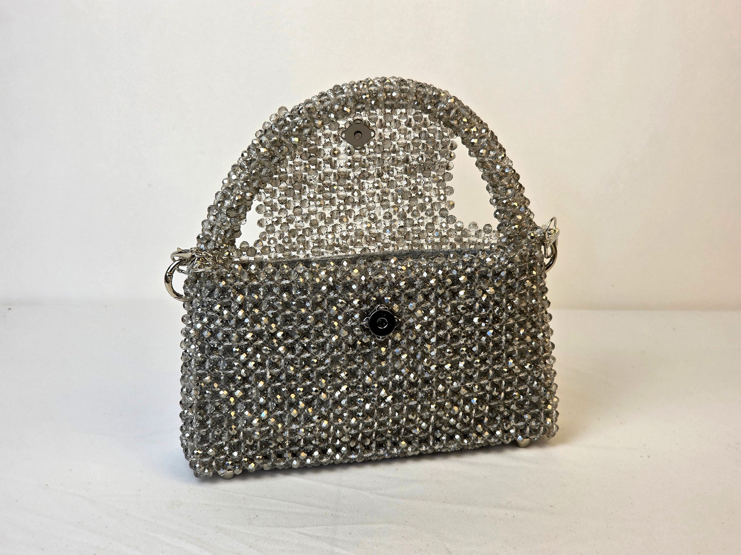 Grande Glass Bead Woven Handbag - Metallic Silver | Handmade by Lena Handicrafts